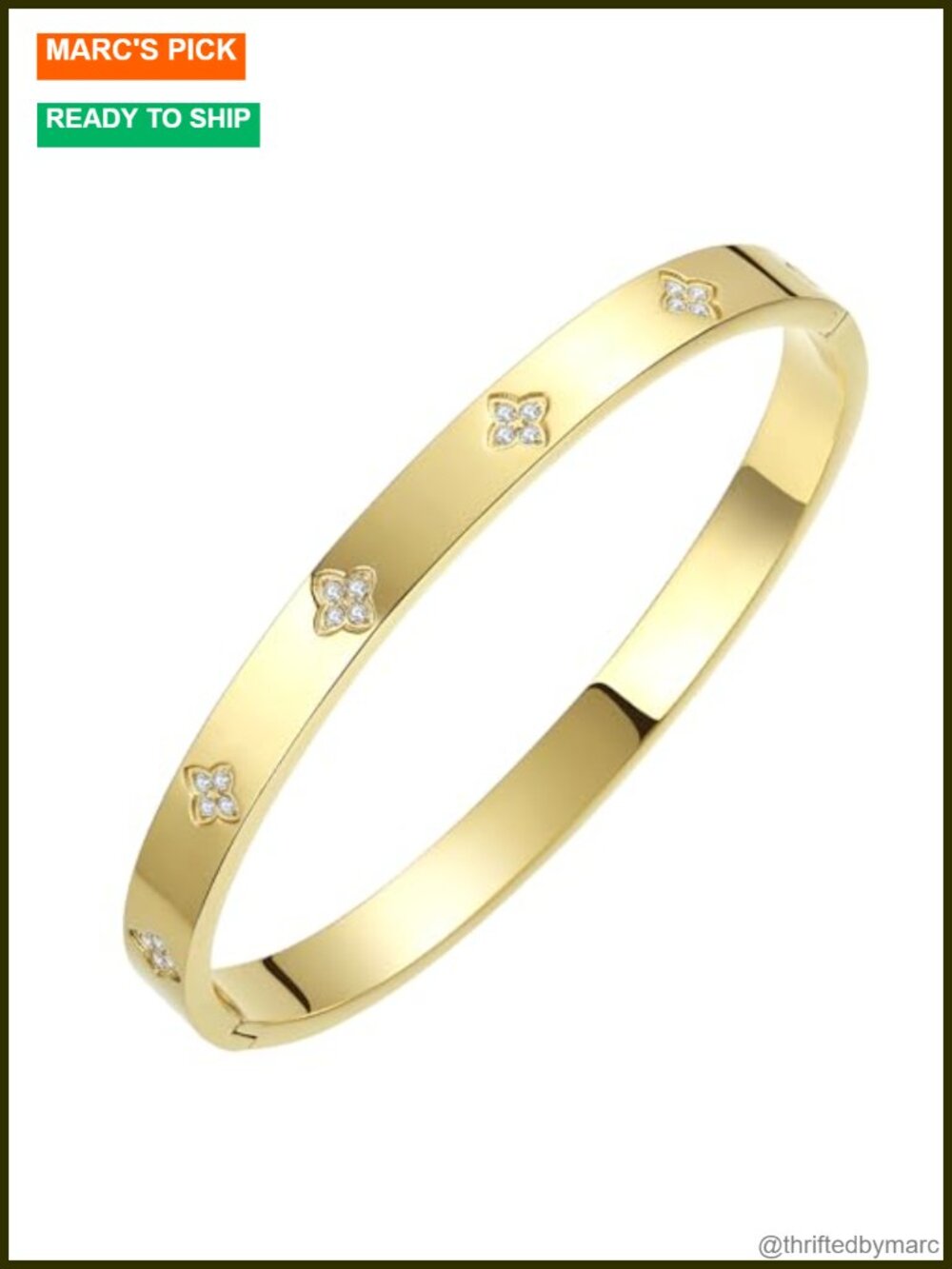 14K Gold Plated Four Leaf Clover Bangle Bracelet Stainless Steel CZ
